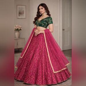 Dark Pink Net Sequins Embroidered Panelled Style Lehenga Choli